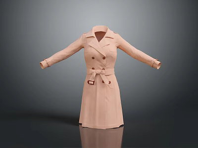 Beige Double Breasted Trench Coat With Belted Waist And Lapel Collar Design 3d model