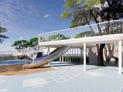 Kids Playground Featuring Silver Slide Tree Shaded Area White Railings and Colorful Ground Patterns 3d model