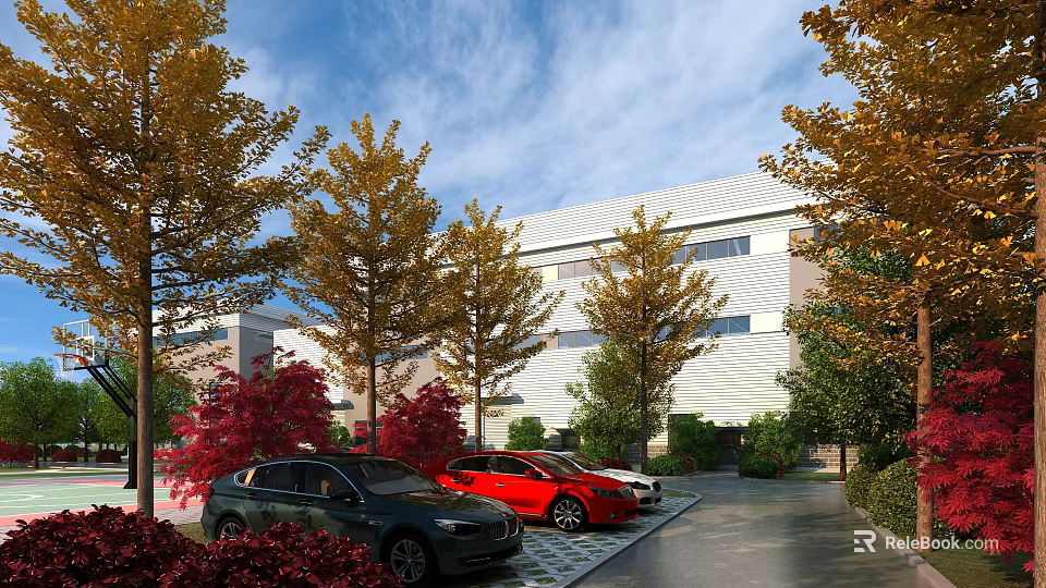 Modern Industrial Factory Building Featuring Autumn Trees Parking Lot And Parked Cars Under Blue Sky 3d model 