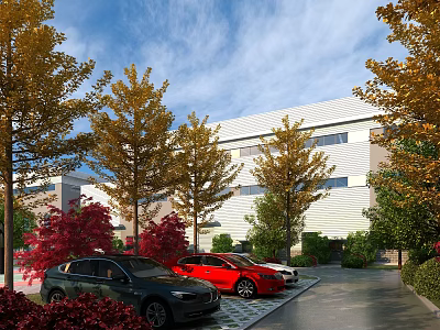 Modern Industrial Factory Building Featuring Autumn Trees Parking Lot And Parked Cars Under Blue Sky 3d model
