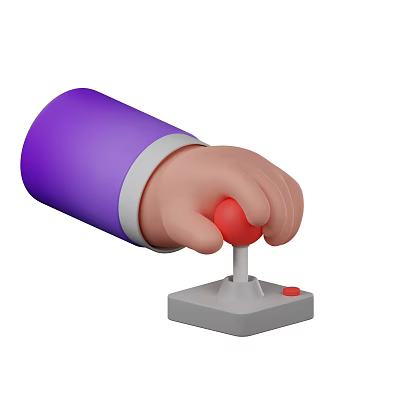 Game Movie Character Using Purple Sleeved Hand To Operate Gray Base Red Button Joystick 3d model