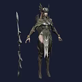 Woman In Green Armor With Horned Headdress And Spear Standing Pose