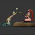 Red Haired Woman Sitting on Rocky Platform With Blue Water Green Snake and Transparent Bubbles
