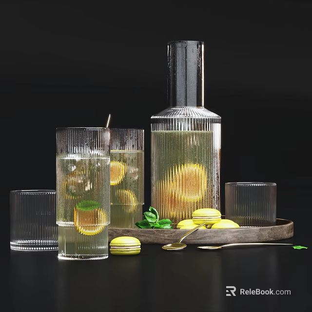 Refreshing Fresh Lemon Mint Iced Drink in Glass Pitcher with Glasses and Macarons 3d model 