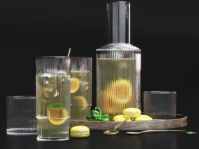 Refreshing Fresh Lemon Mint Iced Drink in Glass Pitcher with Glasses and Macarons 3d model