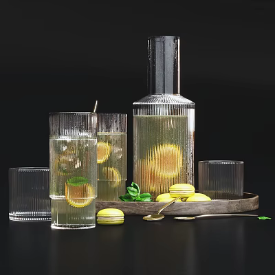 Refreshing Fresh Lemon Mint Iced Drink in Glass Pitcher with Glasses and Macarons 3d model