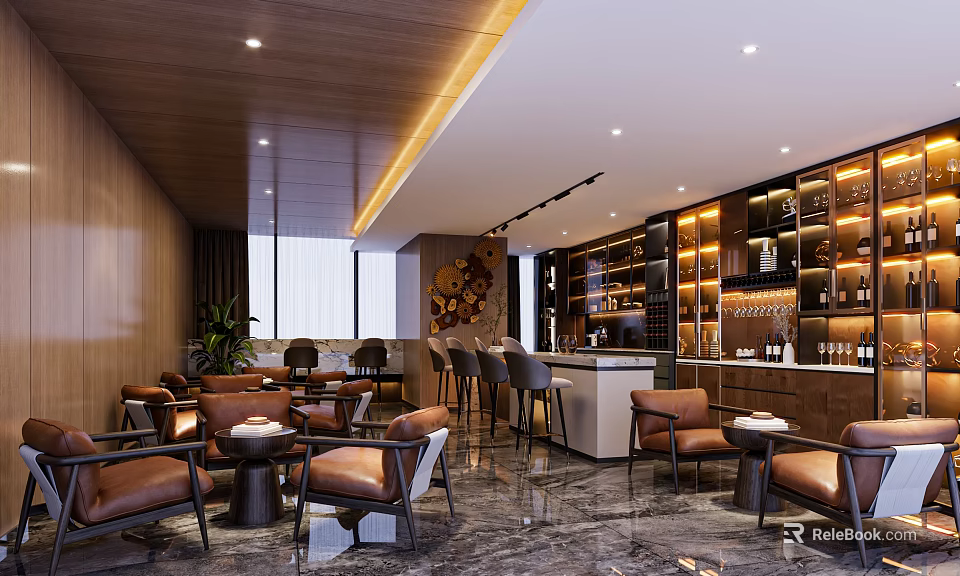 Elegant Modern Bar Interior Design With Leather Seats Bar Counter And Warm Ambient Lighting 3d model 