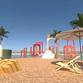 Hygge Beach With Sandy Shore Large Yellow Letters Colorful Arches Palm Trees And Blue Sky