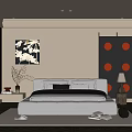 Modern Bedroom Design Featuring Gray Bed Geometric Rug Round Panel Screen And Large Window