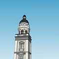 Classical Bell Tower With White Structure Black Dome Multi level Windows Against Blue Sky Background