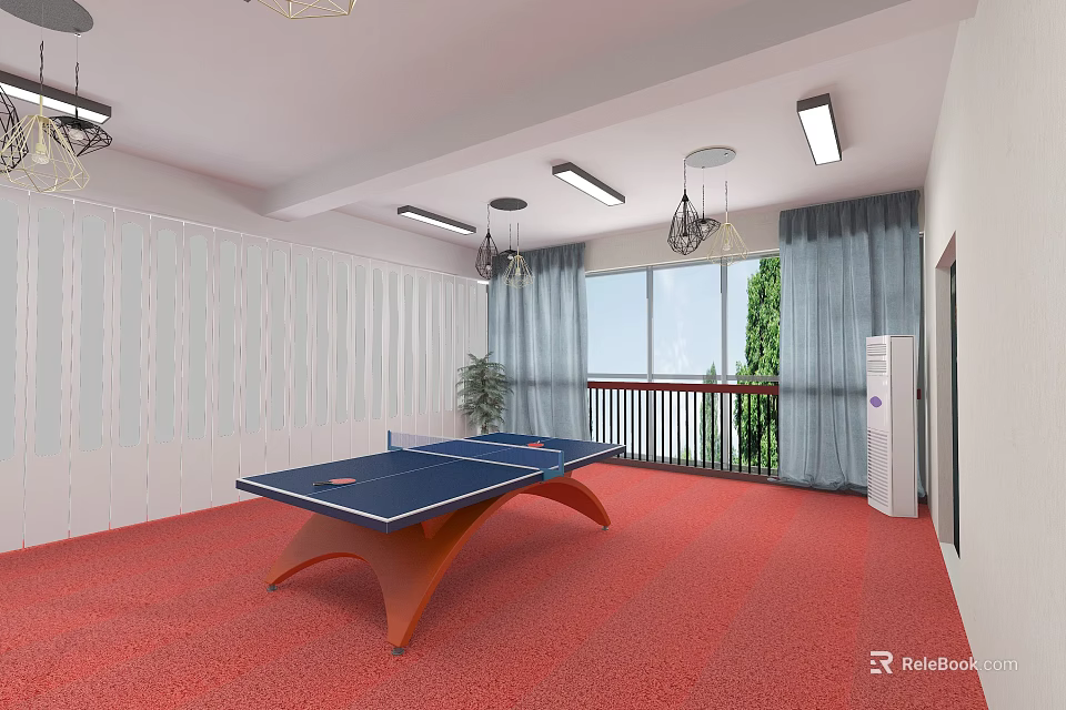 Indoor Ping Pong Fitness Room with Blue Table Red Carpet and Windows 3d model 