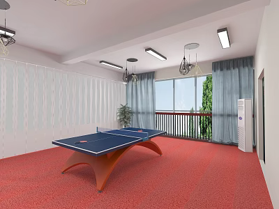 Indoor Ping Pong Fitness Room with Blue Table Red Carpet and Windows 3d model