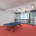 Indoor Ping Pong Fitness Room with Blue Table Red Carpet and Windows