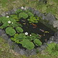 Tranquil Water Fountain Featuring Stone Edging Lotus Leaves Water Lilies Koi Fish and Bamboo