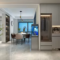 Modern Living And Dining Room Interior With TV Wall Chandelier Potted Plants And Coffee Table