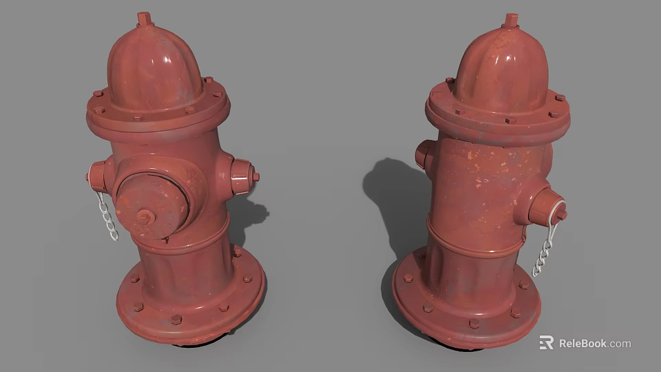 Red Vintage Fire Hydrants With Metal Chains For Outdoor Fire Safety Equipment 3d model 