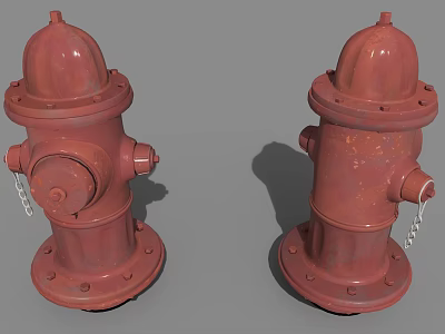 Red Vintage Fire Hydrants With Metal Chains For Outdoor Fire Safety Equipment 3d model