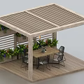 Outdoor Wooden Pergola With Hanging Lights Dining Table And Potted Plants