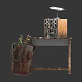 Rustic Wooden Workbench With Vintage Radio Tools And Metal Gas Cylinder