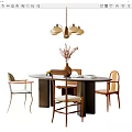 Quiet Ancient Style Dining Table and Chair Combination Ornaments Combination Art Chandelier 3d model