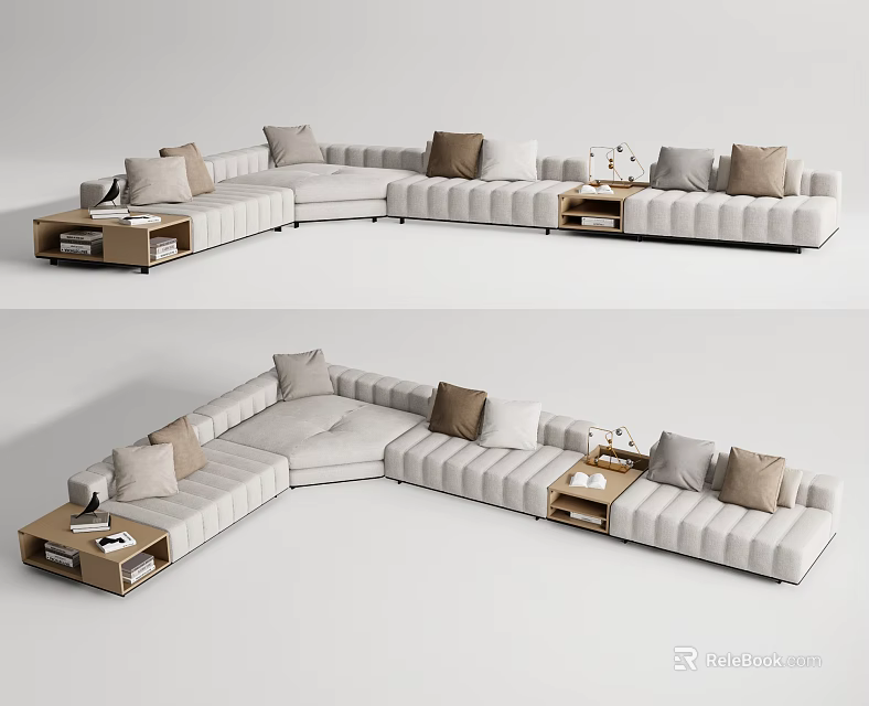 Modern Light Beige Sectional Sofa With Brown Cushions And Wooden Side Tables In Living Room 3d model 