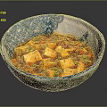 Authentic Mapo Tofu in Blue and White Patterned Bowl with Red Sauce Cubes and Vegetables