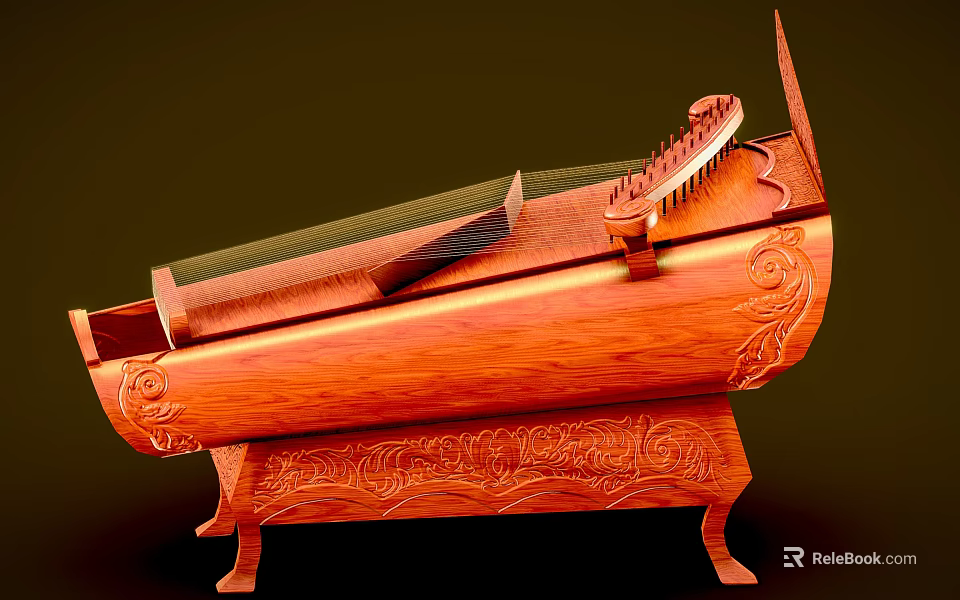 Traditional Wooden String Instrument With Intricate Carved Patterns And Soundboard 3d model 