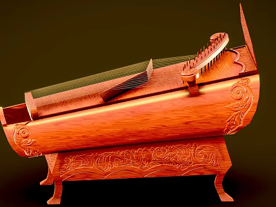 Traditional Wooden String Instrument With Intricate Carved Patterns And Soundboard 3d model