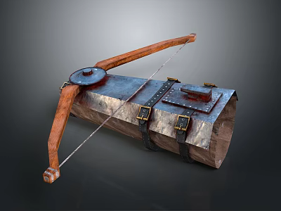Vintage Medieval Crossbow With Wooden Bow Metal Cylindrical Body And Leather Straps 3d model