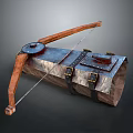 Vintage Medieval Crossbow With Wooden Bow Metal Cylindrical Body And Leather Straps