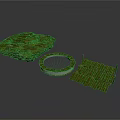 Landscape Scene Components Including Grass Covered Rock Circular Pond And Wooden Fence Structure