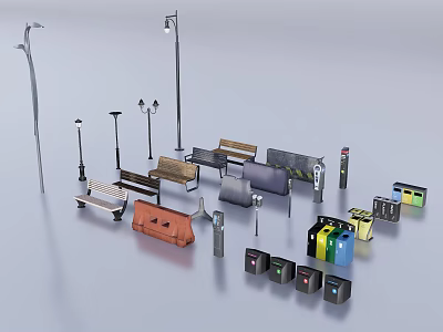 Urban Street Furniture And Facilities With Benches Lamps Trash Bins And Traffic Lights 3d model