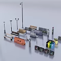 Urban Street Furniture And Facilities With Benches Lamps Trash Bins And Traffic Lights