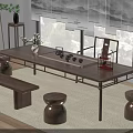 Chinese Style Wooden Tea Table and Chairs with Tea Sets Calligraphy and Green Plants