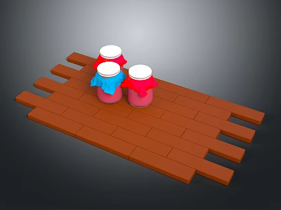 Colorful Jars With Red And Blue Lids On Brown Wooden Tray 3d model