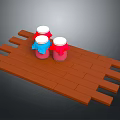 Colorful Jars With Red And Blue Lids On Brown Wooden Tray