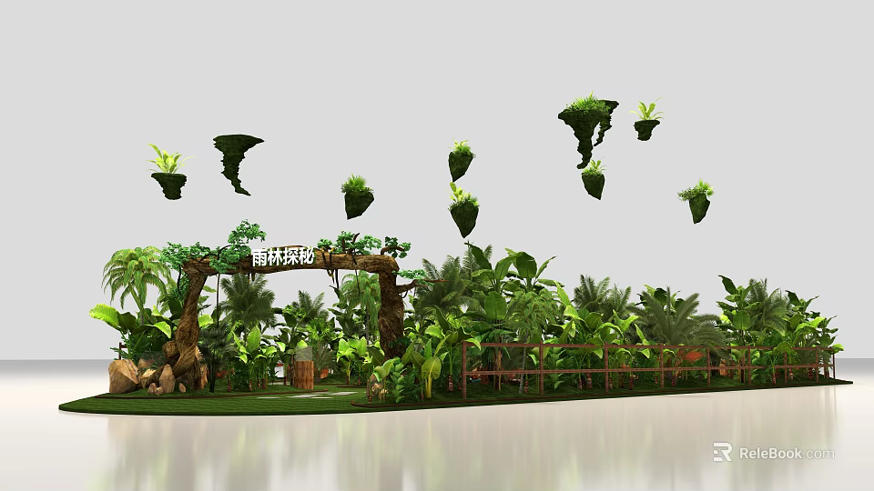 Tropical Rainforest Themed Floral Installation With Archway Green Plants And Hanging Foliage 3d model 