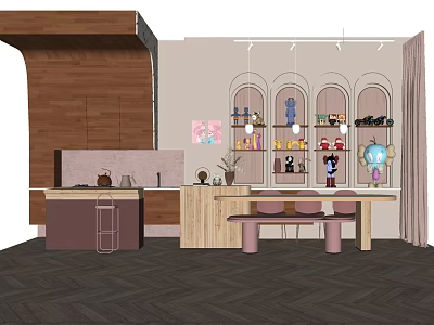 Modern Dining Table Set With Wooden Cabinets Hanging Lights And Herringbone Floor 3d model
