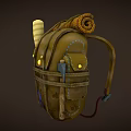 Brown Leather Vintage Backpack With Yellow Buttons Rolled Items Top Wooden Sticks Patched Details
