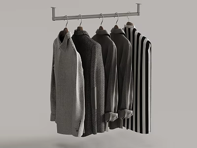 Different Style Clothes Hanging On Metal Rack With Gray Black And Striped Patterns 3d model