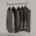 Different Style Clothes Hanging On Metal Rack With Gray Black And Striped Patterns 3d model