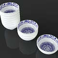 Elegant Blue and White Ceramic Dinnerware Set with Stackable Bowls and Floral Patterns 3d model