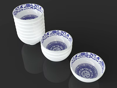 Elegant Blue and White Ceramic Dinnerware Set with Stackable Bowls and Floral Patterns 3d model