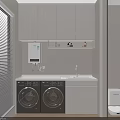 Minimalist Modern Bathroom Cabinetry Featuring White Cabinets Lit Shelf Double Washing Machines And Toilet