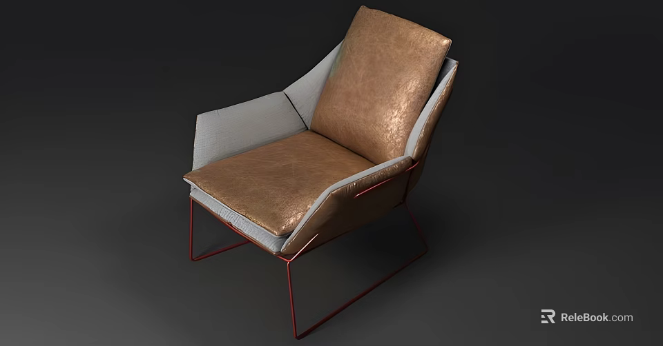 Modern Leisure Chair With Brown Leather Seat Light Gray Armrest And Red Metal Frame 3d model 