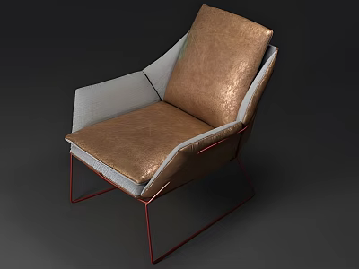 Modern Leisure Chair With Brown Leather Seat Light Gray Armrest And Red Metal Frame 3d model