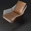 Modern Leisure Chair With Brown Leather Seat Light Gray Armrest And Red Metal Frame