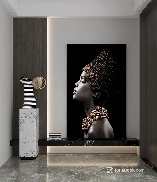 Stylish Entryway Cabinet Sideboard With Marble Countertop Striped Bottle Books And Black Background Portrait 3d model 