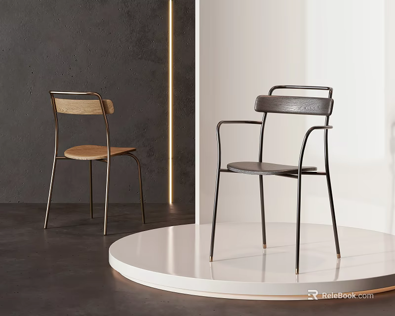 Modern Single Chair Design With Wooden Seat Metal Frame And Armrest On Display Stand 3d model 