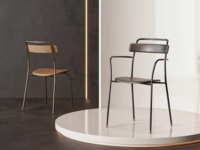Modern Single Chair Design With Wooden Seat Metal Frame And Armrest On Display Stand 3d model